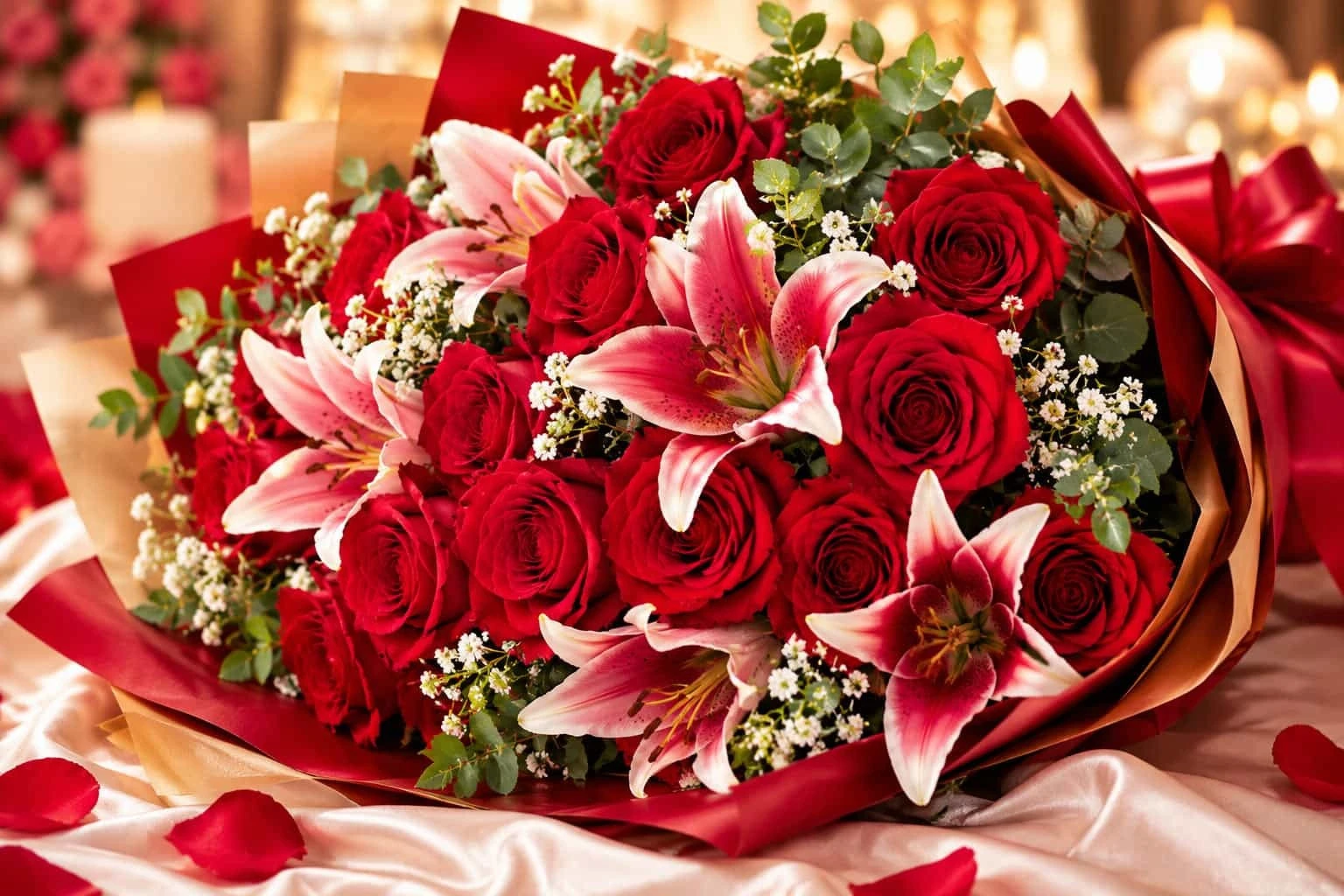 A bouquet of red roses and lilies